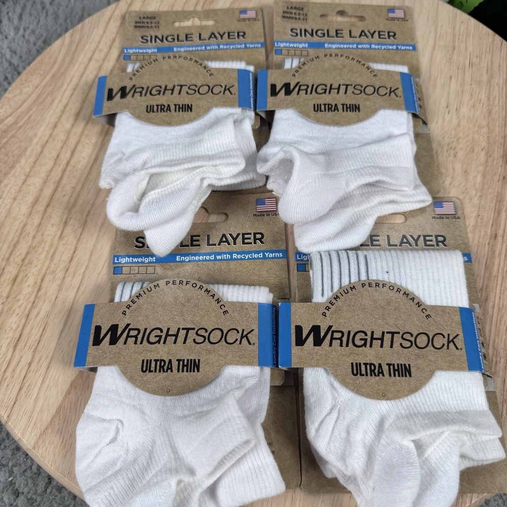 Wrightsock Ultra Thin Large M 8.5-12 W 9.5-11 White Lightweight Socks 4 Pack